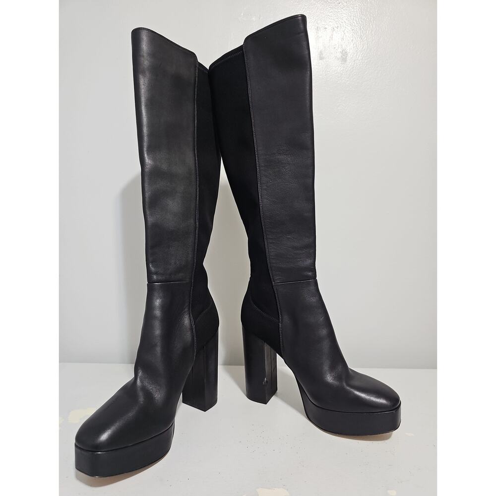 Stuart Weitzman Leather Knee High Boot Womens 9 Black Square Toe Party Platform - Picture 7 of 16